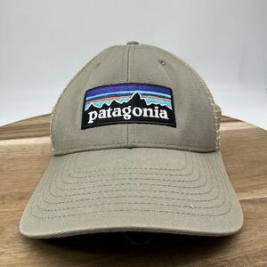 Patagonia Hat Mesh Back Net Plus SnapBack Trucker Green Tan Cap Hat Logo EUC